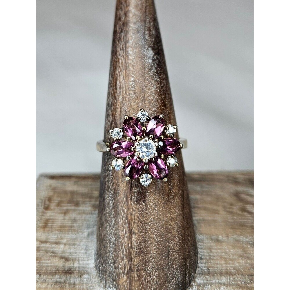 Vintage Sterling Silver Rhodolite Garnet Tourmaline Cluster Ring Gold Vermeil 7